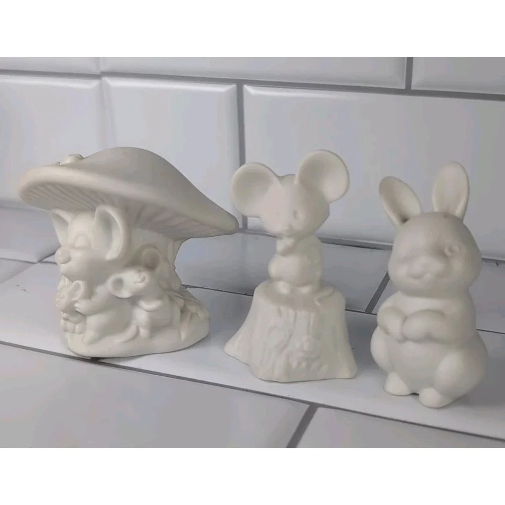 Hallmark Lot Of 3 Vintage Figurines Bunny, Mouse, & Mice Under A Mushroom Bisque